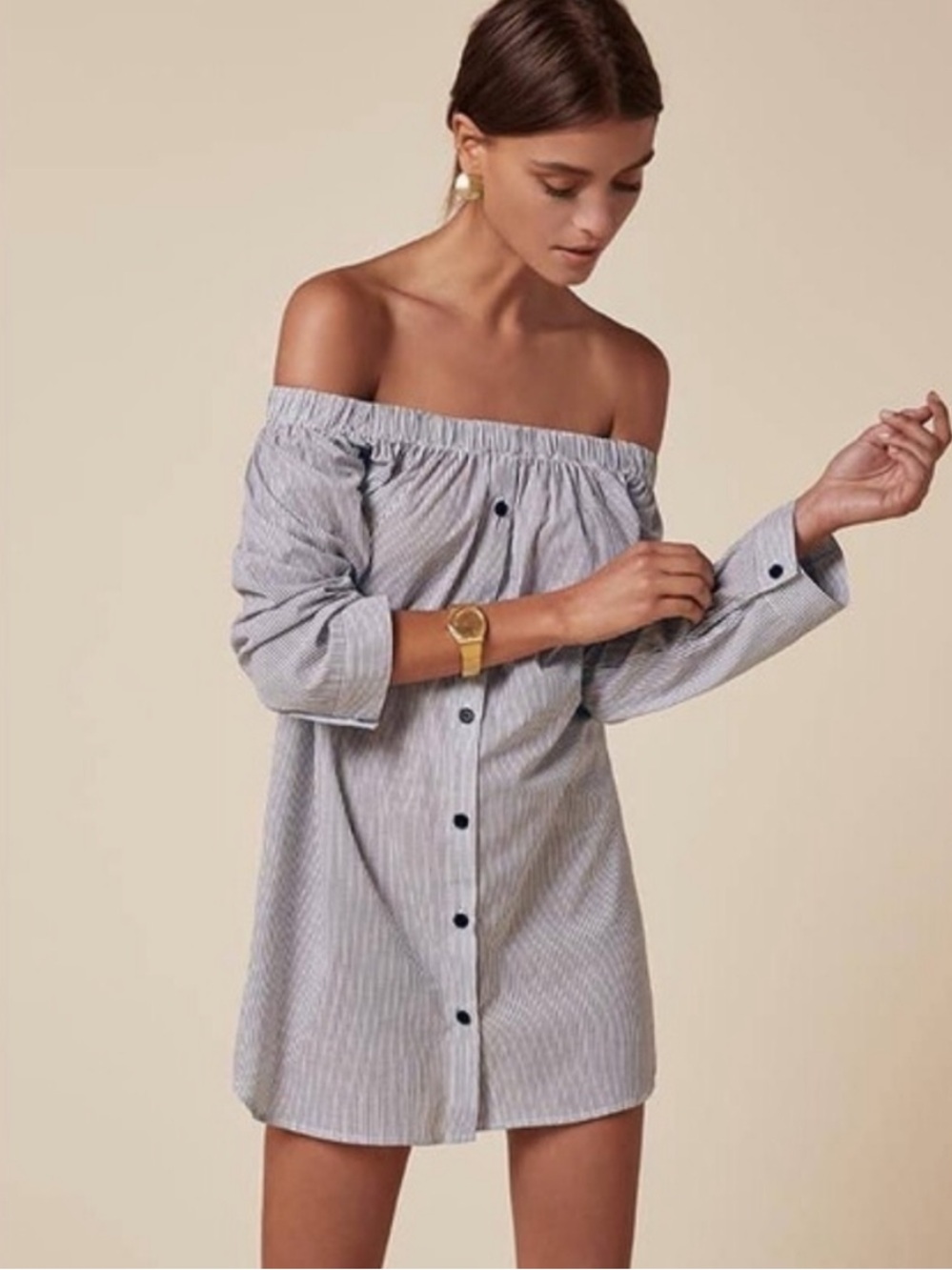 Reformation Light Blue & White Striped Off-Shoulder Shirt Dress Mini Size S